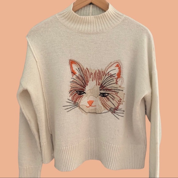 Anthropologie Embroidered Cat Sweater 